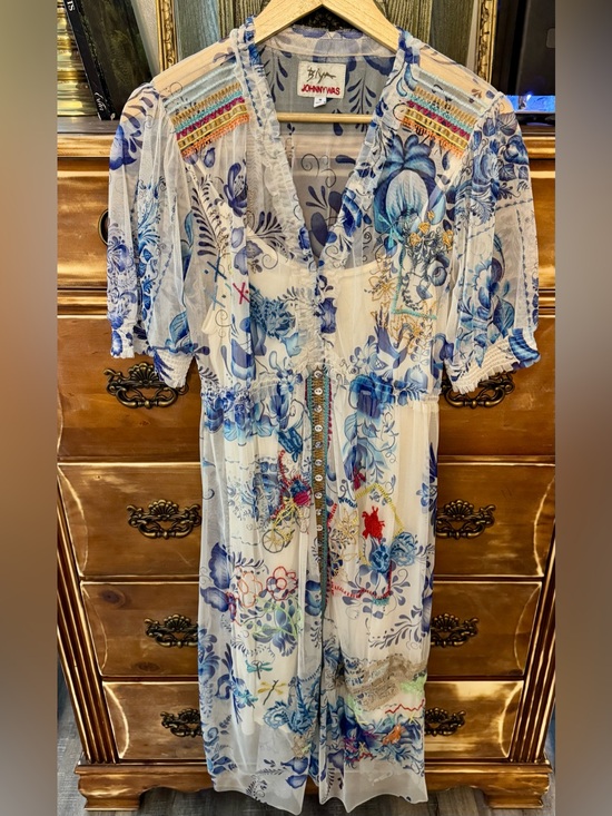 Johnny Was Dresses & Skirts - Biya by Johnny Was Embroidered Mesh Midi Dress - Chinoiserie Blue White M